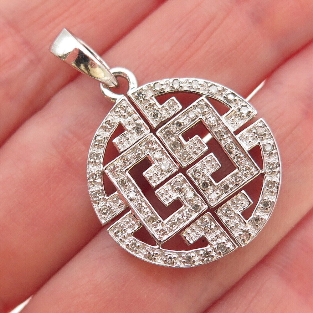 925 Sterling Silver Real Round-Cut Diamond Greek Key Charm Pendant